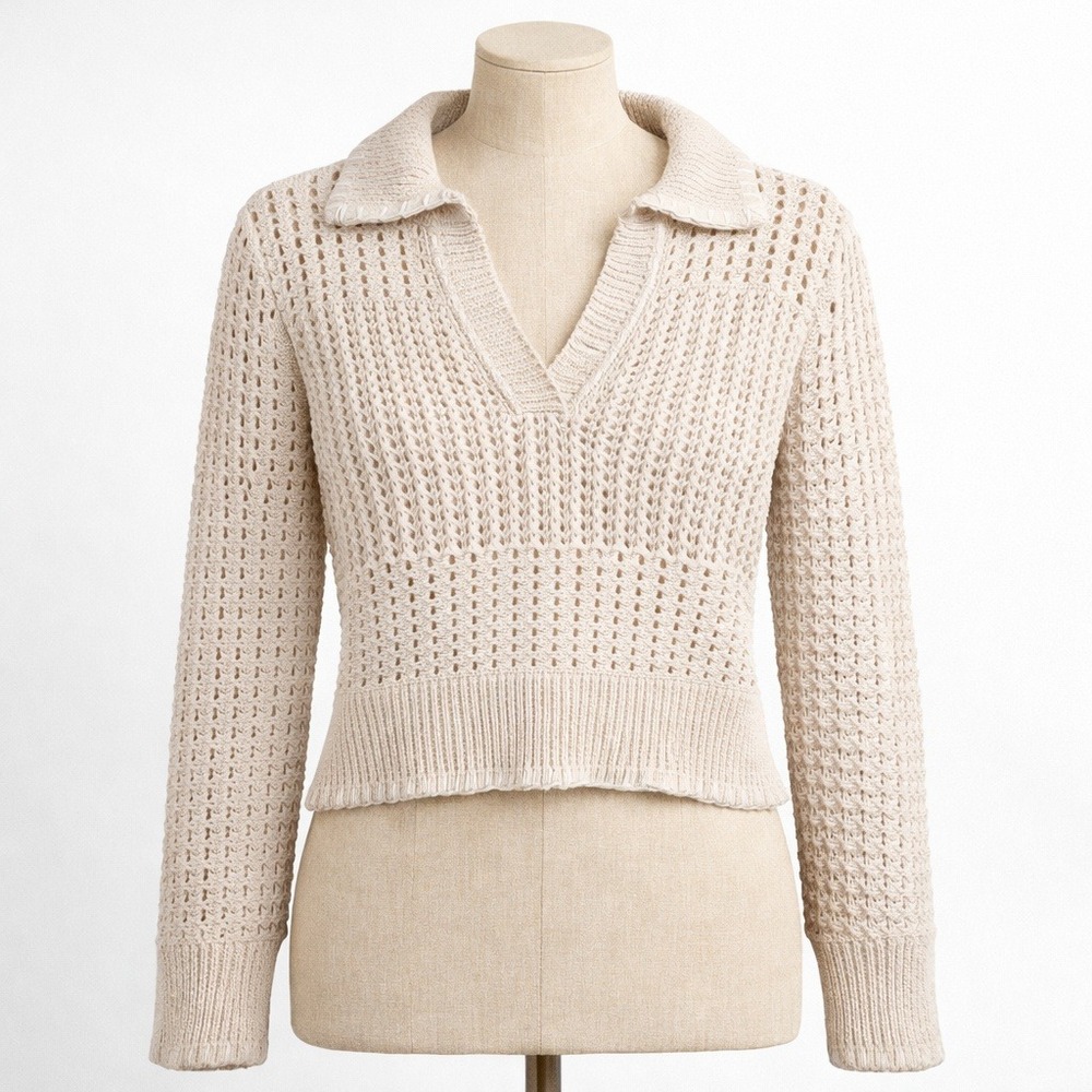 Preppy Crochet Open Knit Cropped Polo Sweater Sz L Cream‎ Beige Coastal Collared